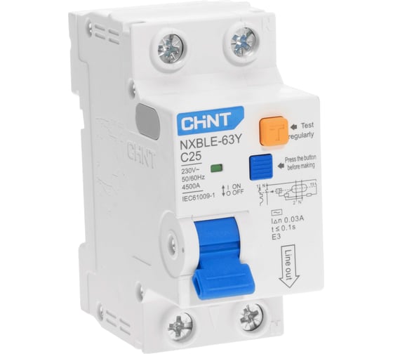 Изображение товара Дифференциальный автоматический выключатель CHINT, NXBLE-63Y, 1P+N, 25А, 30mA, электронный тип AС, характеристика С, 4.5kA 105544