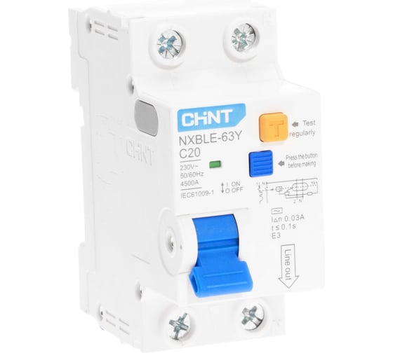 Изображение товара Дифференциальный автоматический выключатель CHINT, NXBLE-63Y, 1P+N, 20А, 30mA, электронный тип AС, характеристика С, 4.5kA 105543