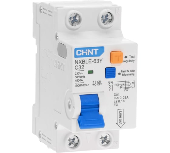 Изображение товара Дифференциальный автоматический выключатель CHINT, NXBLE-63Y, 1P+N, 32А, 30mA, электронный тип AС, характеристика С, 4.5kA 105545