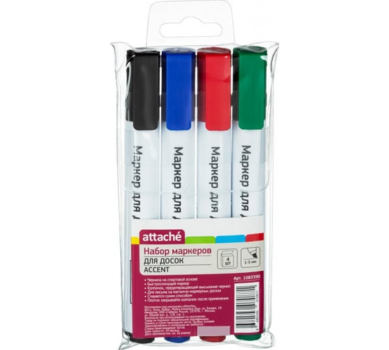 Изображение товара Набор маркеров для досок Attache Accent 4 цвета, скошенный наконечник, 1-5 мм 1083390