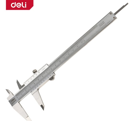 Изображение товара Штангенциркуль DELI 150мм DL92150C (нержавеющая сталь, метрическая/дюймовая шкала, кейс) 171031
