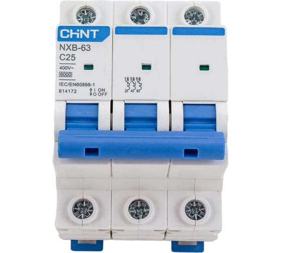 Изображение товара Автоматический выключатель CHINT NXB-63, 3P, 25A, 6кА, характеристика C 814172
