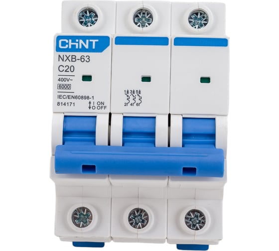 Изображение товара Автоматический выключатель CHINT NXB-63, 3P, 20A, 6кА, характеристика C 814171
