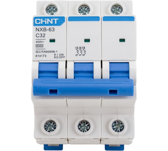 Изображение товара Автоматический выключатель CHINT NXB-63, 3P, 32A, 6кА, характеристика C 814173