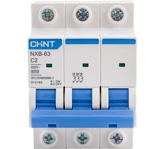 Изображение товара Автоматический выключатель CHINT NXB-63, 3P, 2A, 6кА, характеристика C 814165