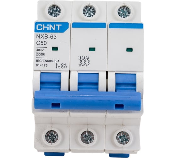 Изображение товара Автоматический выключатель CHINT NXB-63, 3P, 50A, 6кА, характеристика C 814175