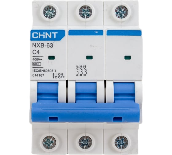 Изображение товара Автоматический выключатель CHINT NXB-63, 3P, 4A, 6кА, характеристика C 814167