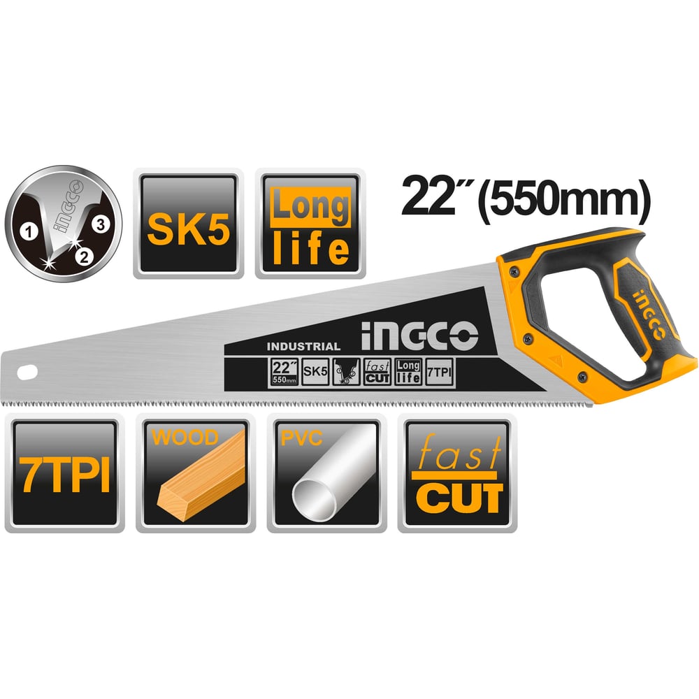 Изображение товара Ножовка по дереву INGCO 550 мм HHAS28550 для распила веток и дров