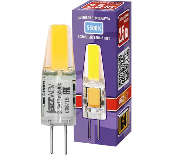 Изображение товара Светодиодная лампа Jazzway PLED-G4 COB 2.5Вт капсульная 5500К холодный белый G4 200лм 12В силикон 10х39мм 2855770