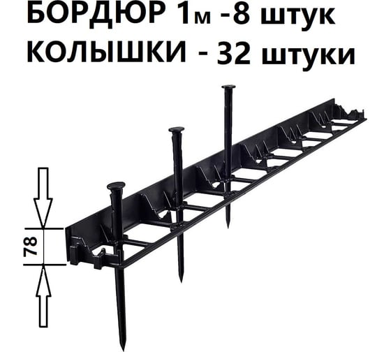 Изображение товара Садовый бордюр ГеоПластБорд  h 78 мм длина 8 метров + 32 колышка h 24 см цвет черный GPB78.08.32