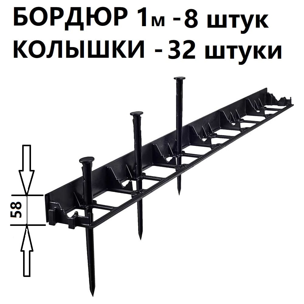 Изображение товара Садовый пластиковый бордюр ГеоПластБорд 58 мм 8 м 32 колышка черный GPB58.08.32
