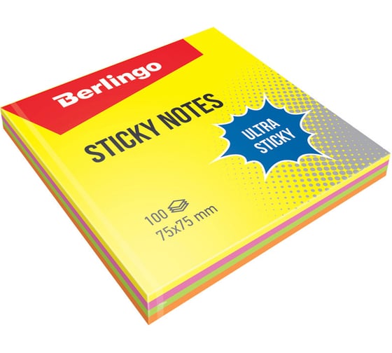Изображение товара Самоклеящийся блок 12 шт в упаковке Berlingo Ultra Sticky 75/75 мм 100 листов 4 неоновых цвета LSn_39602
