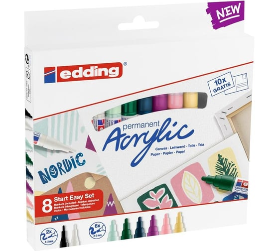 Изображение товара Набор акриловых маркеров Edding Start Mini 8 цветов, 1-2 и 2-3 мм + набор открыток 1327899