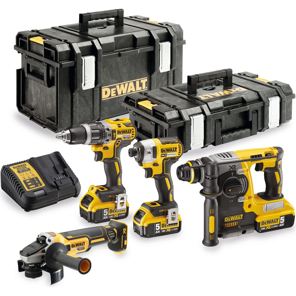 Изображение товара Набор аккумуляторный Dewalt DCK422P3, 18 В: дрель-шуруповерт DCD796 + шуруповерт DCF887 + УШМ DCG405 + перфоратор DCH273, с 3 АКБ 5 Ач и ЗУ, в 2 кейсах DCK422P3-QW