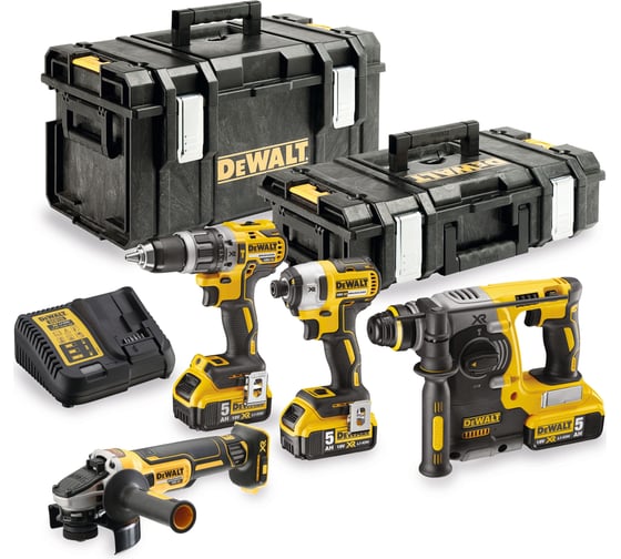 Изображение товара Набор аккумуляторный Dewalt DCK422P3, 18 В: дрель-шуруповерт DCD796 + шуруповерт DCF887 + УШМ DCG405 + перфоратор DCH273, с 3 АКБ 5 Ач и ЗУ, в 2 кейсах DCK422P3-QW