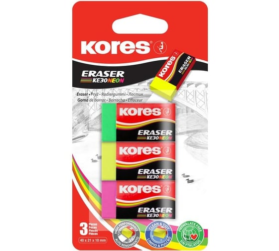 Изображение товара Прямоугольный ластик Kores 40x21x10 мм, 3 шт 1024203