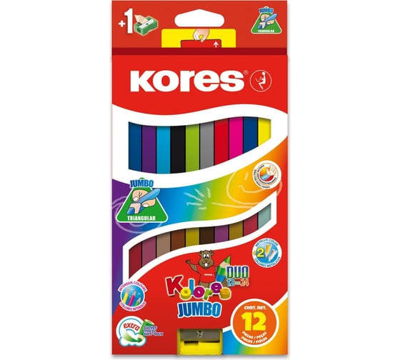 Изображение товара Цветные карандаши Kores DUO Jumbo 24 цвета, трехгранные, с точилкой 1334937