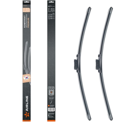 Изображение товара Щетки стеклоочистителя AIRLINE комплект 650/400мм (26/16) бескаркасные PREMIUM с креплением DNTL1.1, 2 штуки AWBM076