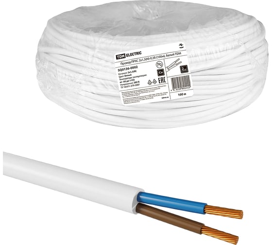 Изображение товара Провод TDM ELECTRIC ПРКС 2x1,5(N)-0,38 (100м), белый TDM SQ0136-0002