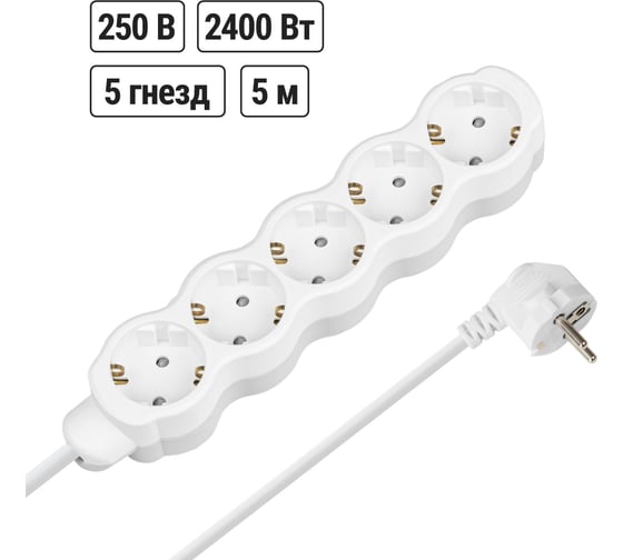 Изображение товара Удлинитель бытовой TDM ELECTRIC Люкс 5 гнезд, 5 м, с/з, с з/ш, ПВС 3х0,75 мм2, 10 А, 250 В, 2400 Вт TDM ELECTRIC SQ1303-4024