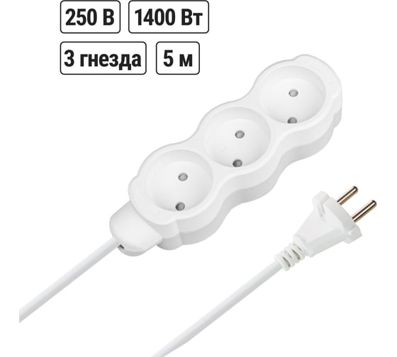 Изображение товара Удлинитель бытовой TDM ELECTRIC Люкс 3 гнезда, 5 м, б/з, с з/ш, ПВС 2х0,75 мм2, 6 А, 250 В, 1400 Вт TDM ELECTRIC SQ1303-4003