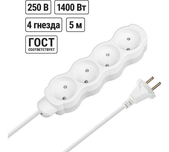 Изображение товара Удлинитель бытовой TDM ELECTRIC Люкс 4 гнезда, 5 м, б/з, с з/ш, ПВС 2х0,75 мм2, 6 А, 250 В, 1400 Вт TDM ELECTRIC SQ1303-4008