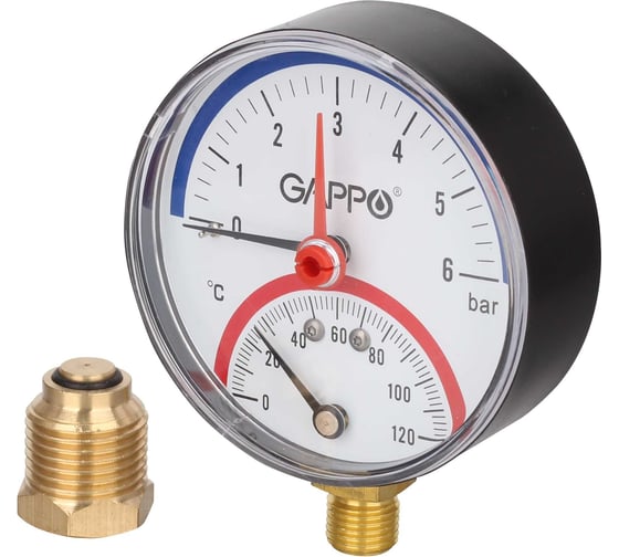 Изображение товара Термоманометр радиальный в комплекте с автоматическим запорным клапаном Gappo 1/2" x 6 бар (уп. из 5 шт.) G1472