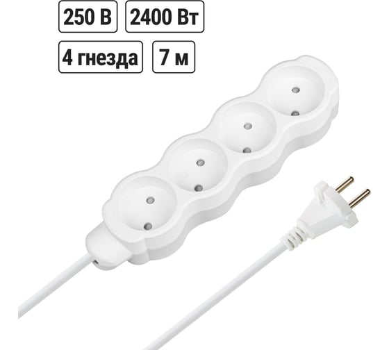 Изображение товара Удлинитель бытовой TDM ELECTRIC Люкс 4 гнезда, 7 м, б/з, с з/ш, ПВС 2х1,0 мм2, 10 А, 250 В, 2400 Вт TDM ELECTRIC SQ1303-4009