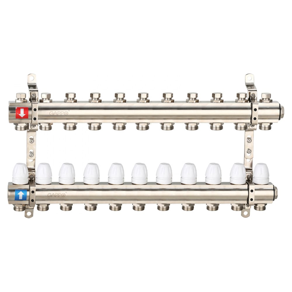 Изображение товара Регулируемый коллектор с запорными клапанами Gappo латунь 11 контуров 1 дюйм 3/4 дюйма G427.11