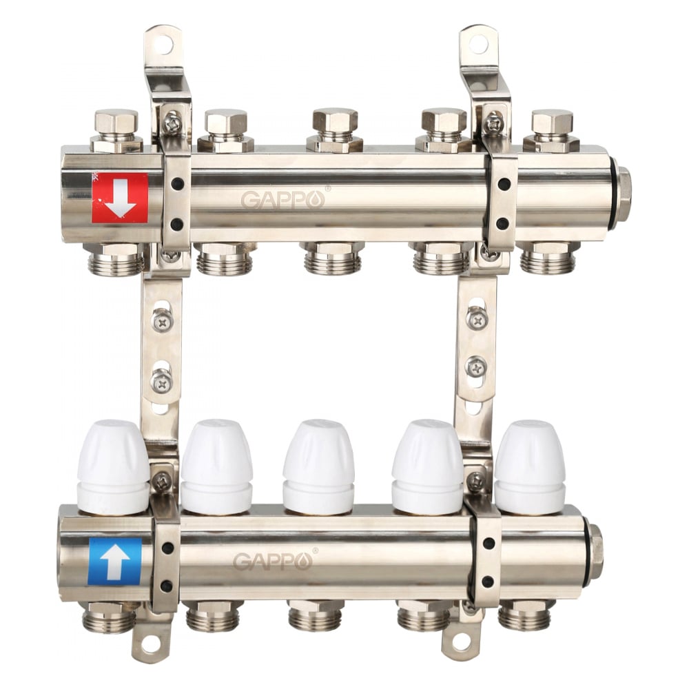 Изображение товара Коллектор регулируемый с запорными клапанами Gappo из латуни 5 контуров 1 и 3/4 дюйма