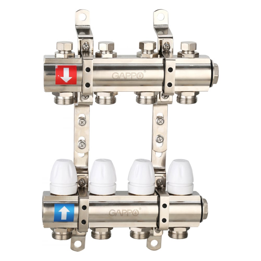 Изображение товара Коллектор регулируемый с запорными клапанами Gappo 4-контур латунь 1 дюйм 3/4 дюйма Г427.4