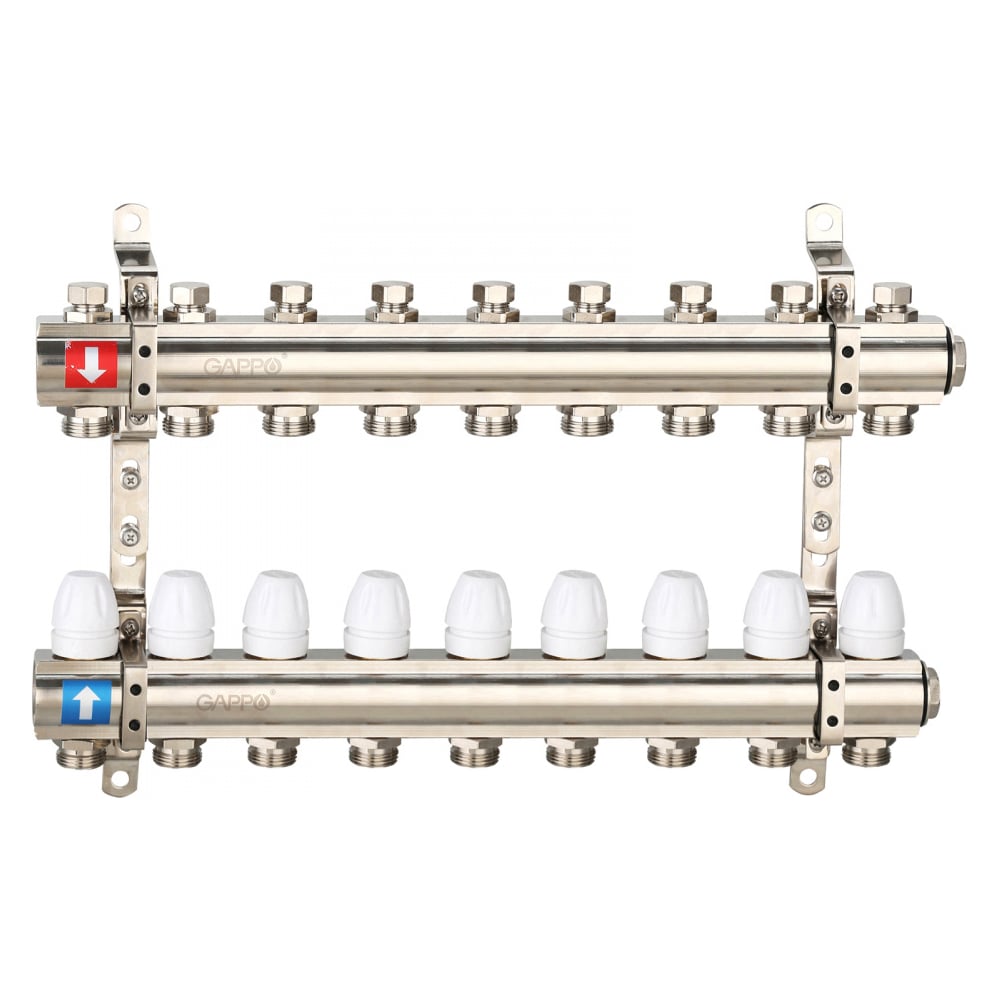 Изображение товара Коллектор регулируемый с запорными клапанами Gappo 9 контуров латунь 1 дюйм 3/4 дюйма G427.9