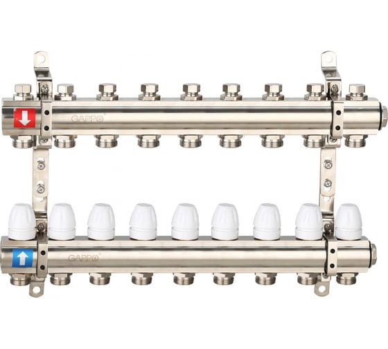 Изображение товара Коллектор регулируемый с запорными клапанами Gappo из латуни - 2 загрушки - 2 кронштейна 9-вых. x 1" x 3/4" G427.9