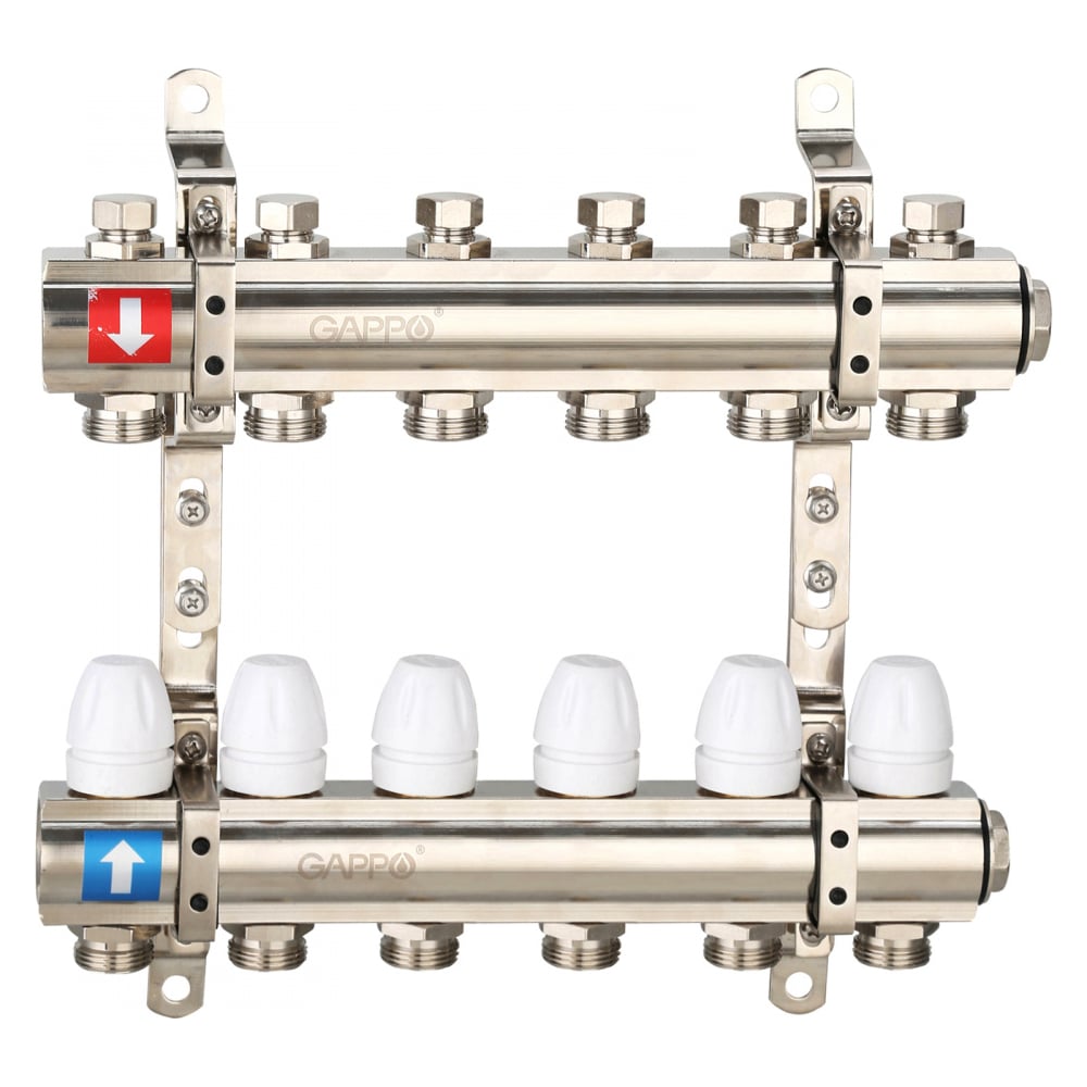 Изображение товара Коллектор регулируемый с запорными клапанами Gappo 6-вых, латунь, 1"/3/4", G427.6