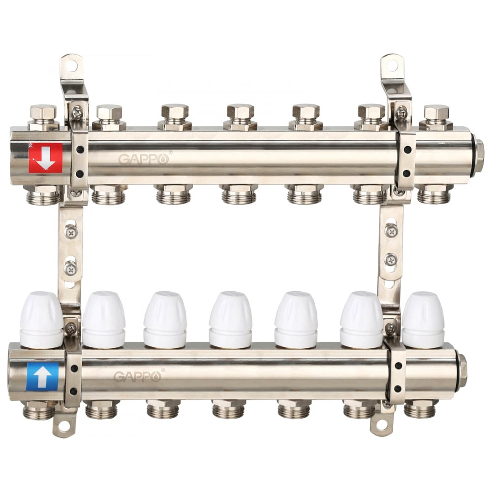 Изображение товара Коллектор распределительный из латуни Gappo с запорными клапанами 7-выходной 1 дюйм