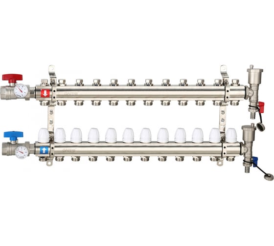 Изображение товара Коллектор регулируемый с запорными клапанами из латуни - 2 шаровых крана с термометром - 2 воздухоотводчика - 2 сливных крана - 2 кронштейна 12-вых. x 1" x 3/4" Gappo G425.12