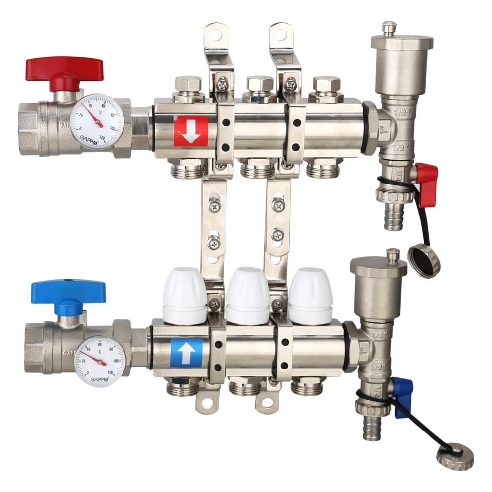 Изображение товара Коллектор регулируемый из латуни с запорными краном и термометром 1 дюйм Gappo G425
