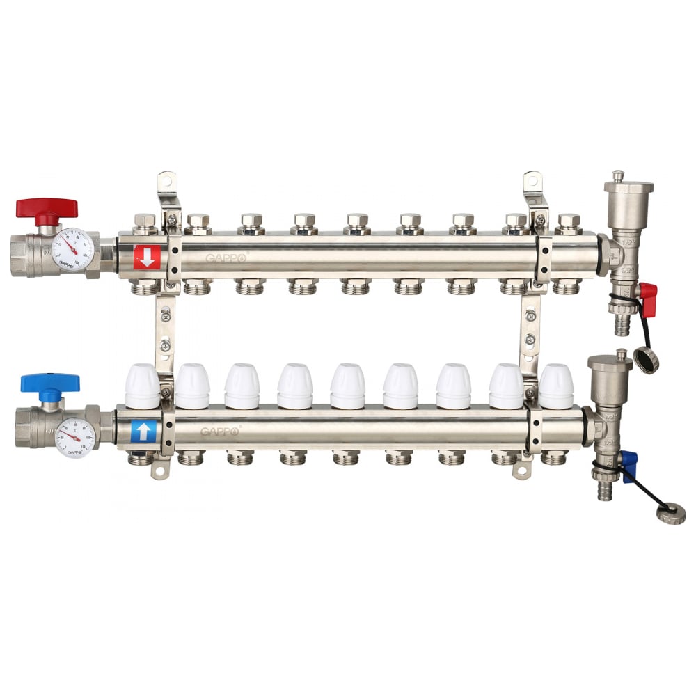 Изображение товара Коллектор регулируемый из латуни Gappo G425.9 с запорными клапанами и термометром
