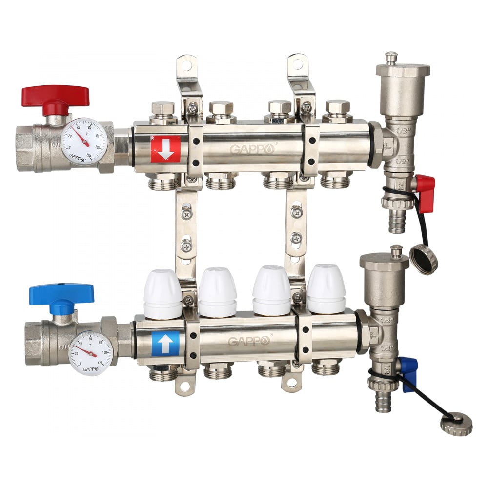 Изображение товара Коллектор регулируемый из латуни с запорными кранами и термометром Gappo G425.4 для отопления