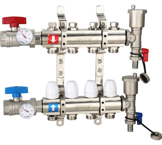 Изображение товара Коллектор регулируемый с запорными клапанами из латуни - 2 шаровых крана с термометром - 2 воздухоотводчика - 2 сливных крана - 2 кронштейна 4-вых. x 1" x 3/4" Gappo G425.4