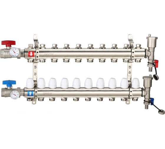 Изображение товара Коллектор регулируемый с запорными клапанами из латуни - 2 шаровых крана с термометром - 2 воздухоотводчика - 2 сливных крана - 2 кронштейна 10-вых. x 1" x 3/4" Gappo G425.10