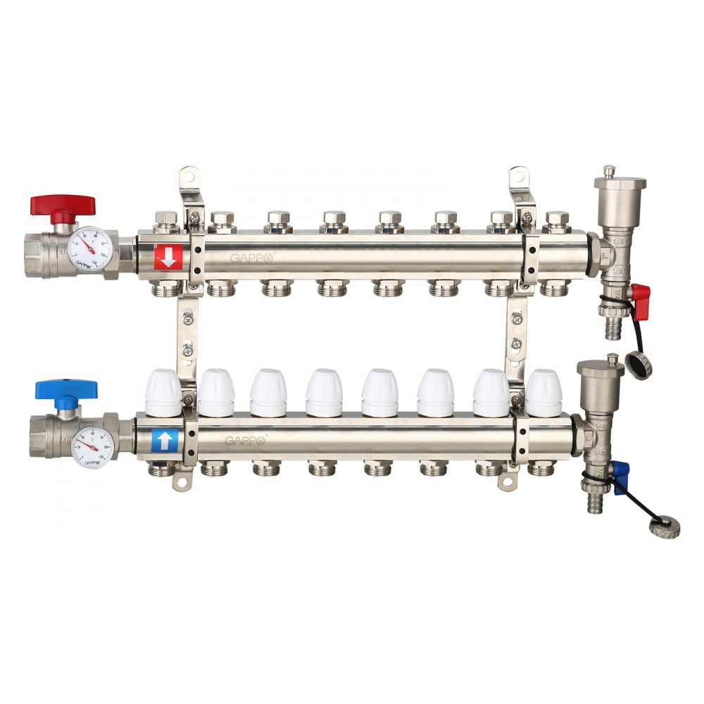 Изображение товара Коллектор регулируемый латунный с запорными кранами и термометром Gappo G425.8