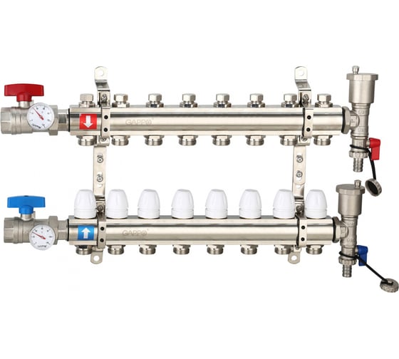 Изображение товара Коллектор регулируемый с запорными клапанами из латуни - 2 шаровых крана с термометром - 2 воздухоотводчика - 2 сливных крана - 2 кронштейна 8-вых. x 1" x 3/4" Gappo G425.8