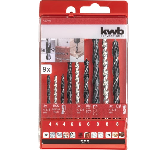 Изображение товара Набор сверл по металлу, дереву, бетону (9 пр, 4/6/8 мм) kwb 420400