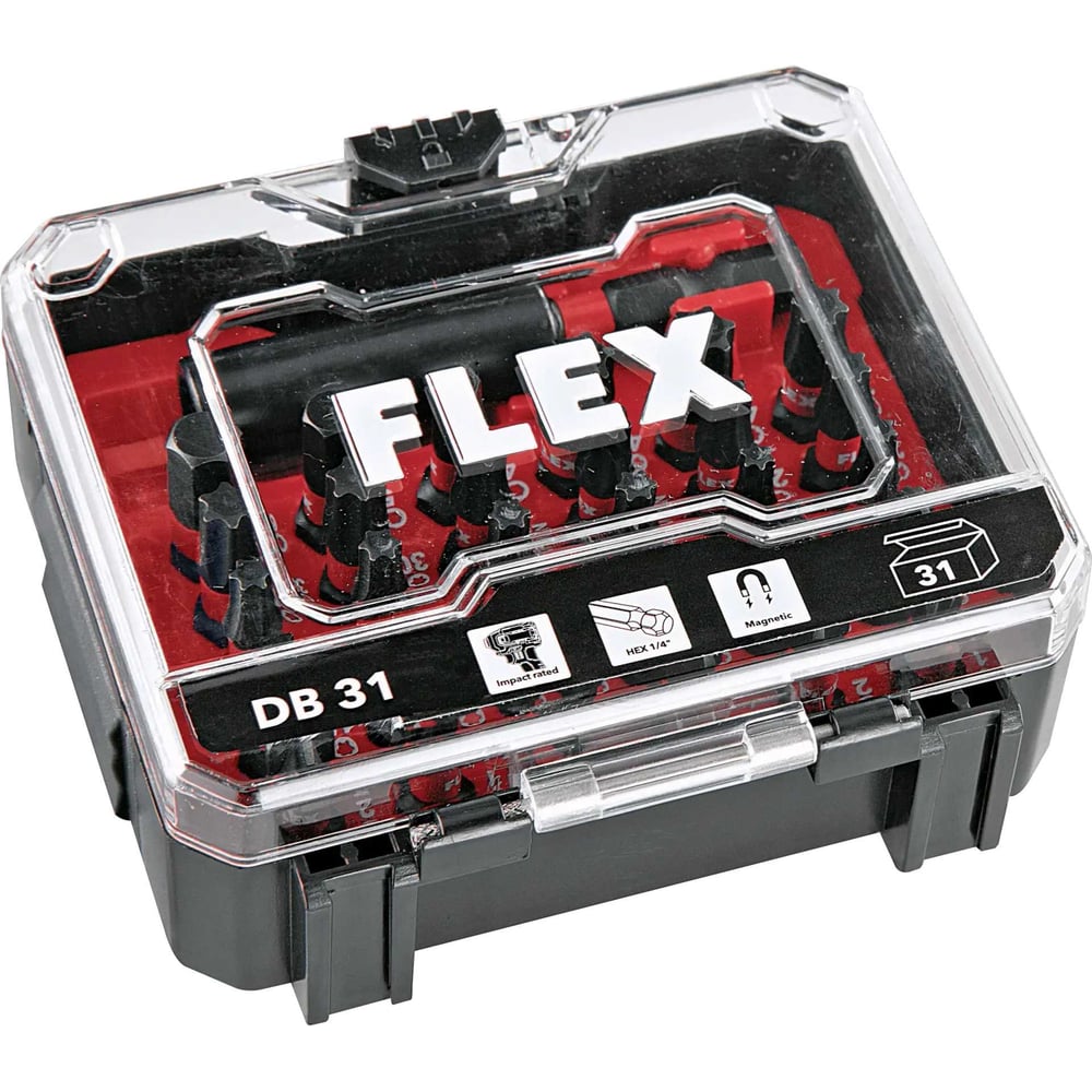 Набор бит FLEX DB31 533103 предназначен для выполнения различных задач. Идеально подходит для шуруповертов, перфораторов, ударных гайковертов, винтовертов и отверток.Торсионные устойчивые к ударам биты с внешним шестигранным хвостовиком 1/4 дюйма.Кейс для бит интегрируется в систему хранения FLEX STACK PACK.В наборе: 1" (25 мм) PH1, 2x PH2, PH3, PZ1, 2x PZ2, PZ3, H4, H5, H6, 3x T10/T15, по 4x T20/T25, 3x T30, 2x T40 и 60-миллиметровый универсальный держатель бит, ударопрочный, с магнитной фиксацией.