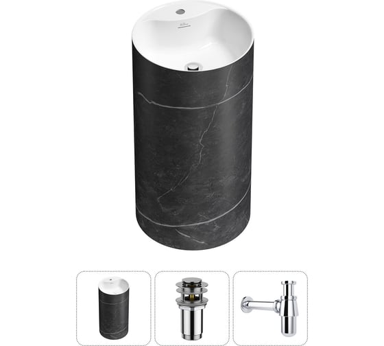 Изображение товара Напольная раковина отдельностоящая Wellsee Chalice Perfection в наборе 3 в 1, раковина-моноблок из акрила, цвет матовый черный мрамор / белый глянец 20213034R