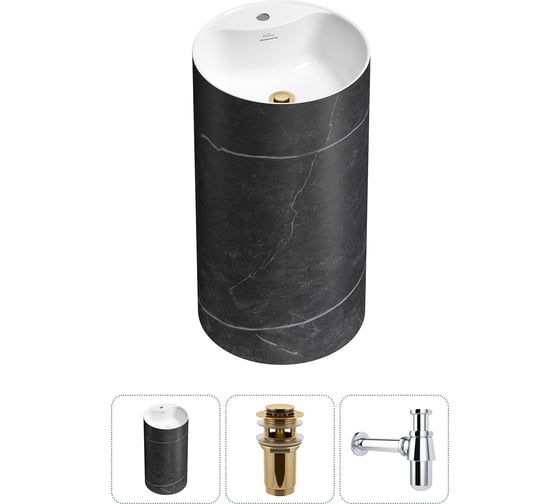 Изображение товара Напольная раковина отдельностоящая Wellsee Chalice Perfection в наборе 3 в 1, раковина-моноблок из акрила, цвет матовый черный мрамор / белый глянец 20213036R
