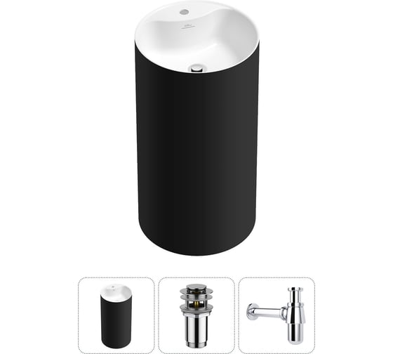 Изображение товара Напольная раковина отдельностоящая Wellsee Chalice Perfection в наборе 3 в 1, раковина-моноблок из акрила, цвет матовый черный / белый глянец 20213018R