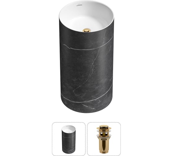 Изображение товара Напольная раковина отдельностоящая Wellsee Chalice Perfection в наборе 2 в 1, раковина-моноблок из акрила, цвет матовый черный мрамор / белый глянец 20212918R