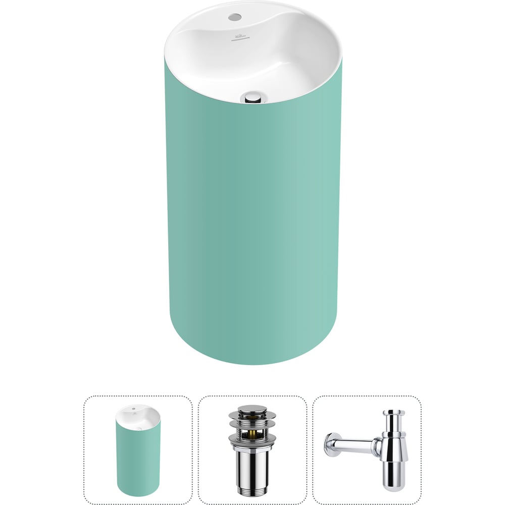 Изображение товара Напольная раковина отдельностоящая Wellsee Chalice Perfection в наборе 3 в 1, раковина-моноблок из акрила, цвет матовый светло-зеленый / белый глянец 20213076R